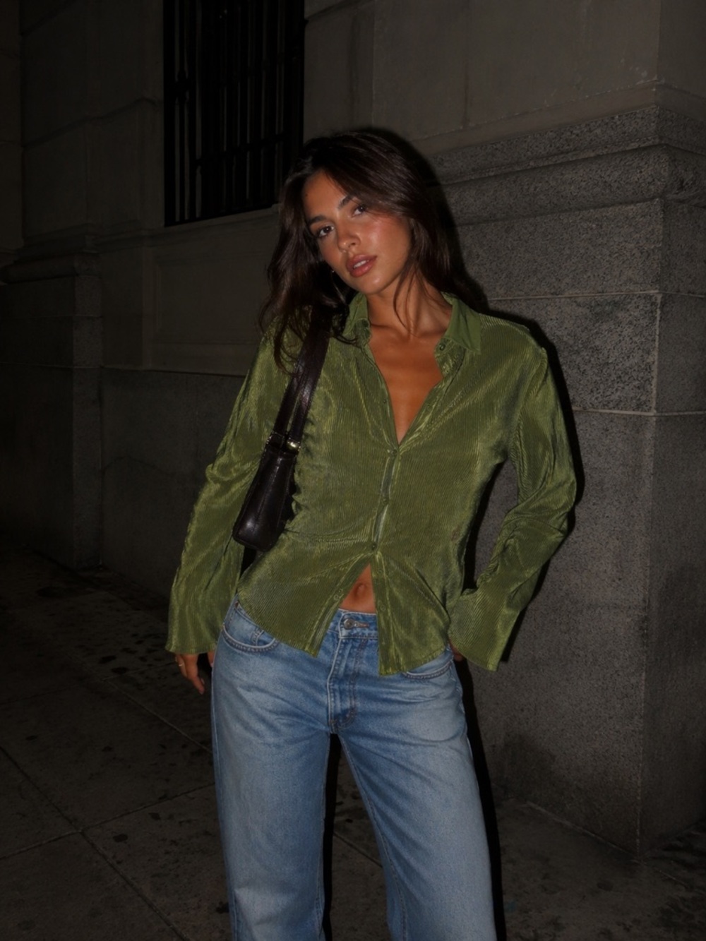 Princess Polly Silky Pleated Top Green Issey Miyake Inspired Minimalist Y2K 90s